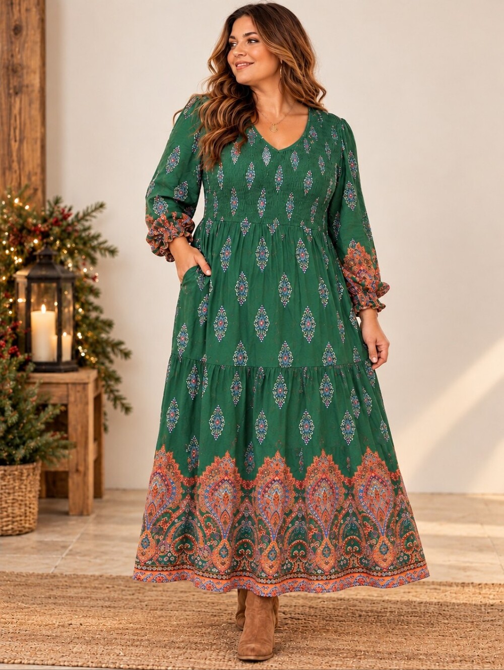 Avenue Maxi Dress Smocked Bodice Plus Size 18W 20W Pockets Green Print | Holiday